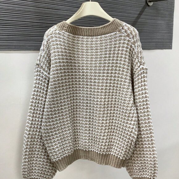 Khaki Casual Women's Plaid Print Button Front V-Neck Long Sleeve Cardigan - Picture 2 of 4